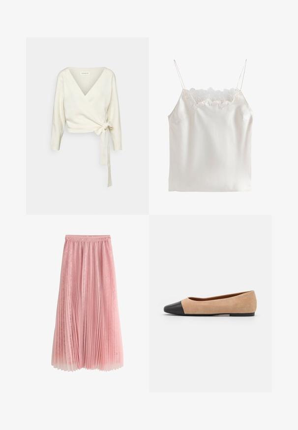 Hvid, omslags-sweater lavet af blødt, struktureret stof. Har en dyb V-hals og lange ærmer med en bindebåndsdetalje i taljen.; Hvid satin camisole med tynde stropper og blomsterblonde langs den firkantede udskæring.; Rosa plisseret midi-nederdel med et lag af blonder under og en rynket talje, vist på en hvid baggrund.; Beige ruskind balletflade med en sort læder rund tåkap, lav hæl og glat tekstur, der har minimal syning og et enkelt design.