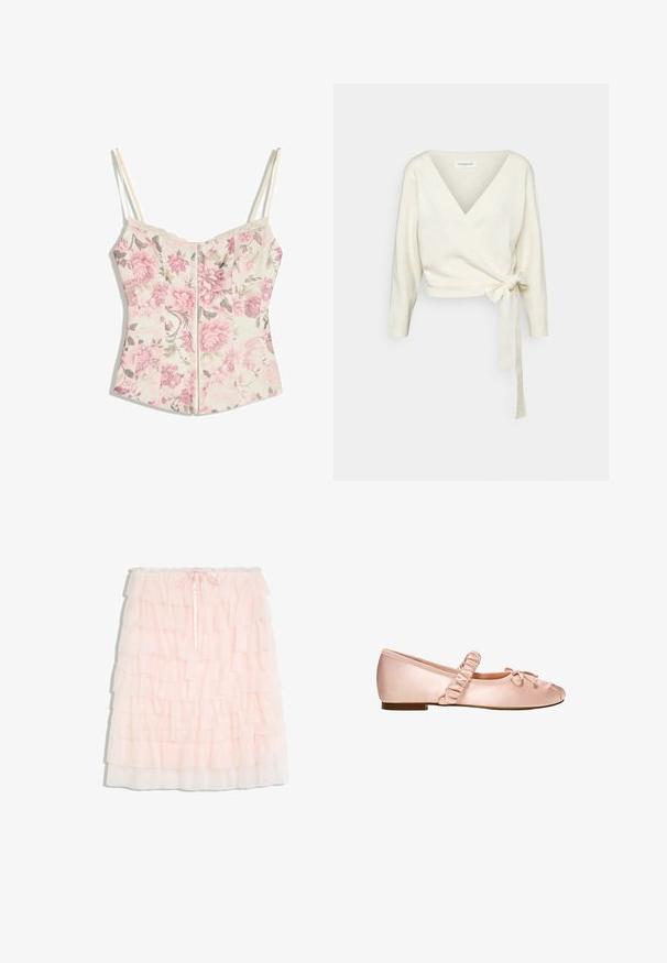Hvid, omslags-sweater lavet af blødt, struktureret stof. Har en dyb V-hals og lange ærmer med en bindebåndsdetalje i taljen.; Blomstret korsethals-top med pinke blomster og grønne blade på cremefarvet baggrund, tynde cremefarvede stropper og blondekant langs halsudskæringen.; Lyserød lagdelt tylskørt med flere flæse lag og en lille forreste sløjfe ved elastik i taljen.; En enkelt lyserosa satin balletflat med rynket elastikstrop og lille dekorativ sløjfe på hvid baggrund.
