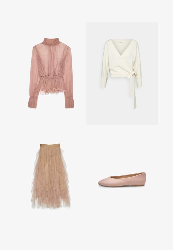Suéter blanco de estilo envolvente, hecho de un tejido suave y texturizado. Cuenta con un profundo escote en V y mangas largas con un detalle de lazo en la cintura.; Blusa plisada de color rosa claro con un alto cuello, dobladillo con volantes y mangas largas, fabricada en tejido texturizado y con una cintura entallada.; Vero Moda VMEVE High waist Long - Falda larga - light taupe; Bailarina de cuero rosa con punta fina, textura suave, detalles mínimos y suela sólida de color marrón claro. Diseño sencillo, sin adornos.