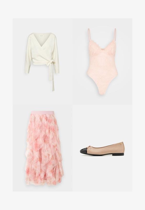 Weißer, Wickel-Style Pullover aus weichem, strukturiertem Material. Hat einen tiefen V-Ausschnitt und lange Ärmel mit einer Bindegarnitur an der Taille.; IN THE STYLE LINGERIE BODYSUIT - Top - rosé; Rosa mehrlagiger Tüll-Midirock mit Blumenmuster und elastischem Bund, mit weichen, gerafften Strukturen.; Balletschuhe mit einem beigefarbenen Satin-Obermaterial, einer schwarzen Lackleder-Zehenkappe, einer kleinen Schleifenverzierung an der Vorderseite und einem niedrigen schwarzen Absatz.