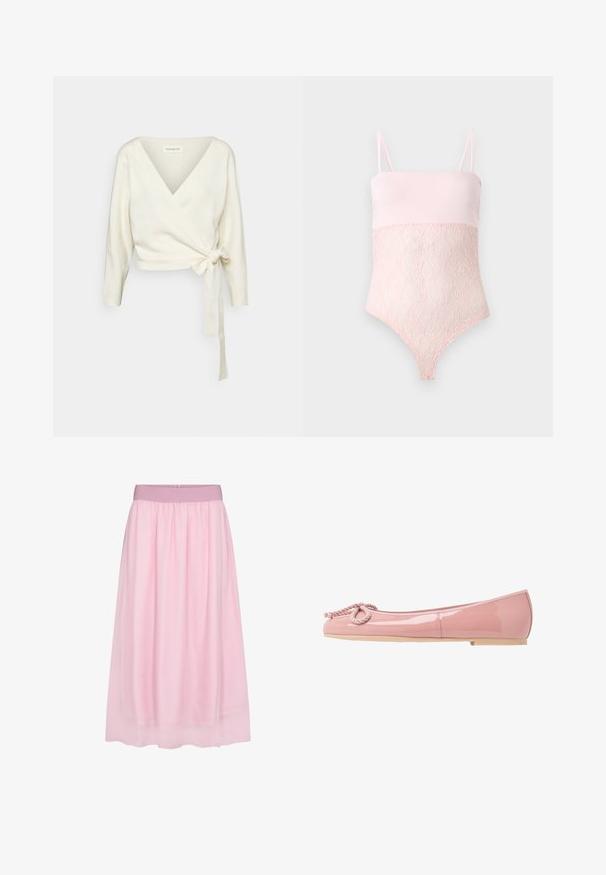 Pull blanc en tissu doux et texturé avec un design enroulé. Il possède un décolleté en V plongeant et des manches longues avec un lien à la taille.; Body en dentelle rose clair avec bretelles spaghetti et une partie supérieure lase sur un fond clair uni.; Jupe en tulle rose avec un design doux et transparent. Elle présente une taille élastique et une silhouette fluide, créant un effet superposé.; Ballerines en cuir verni rose avec un bout arrondi, détail en corde à l'avant et semelle en caoutchouc beige. Fini lisse et brillant sur l'ensemble.