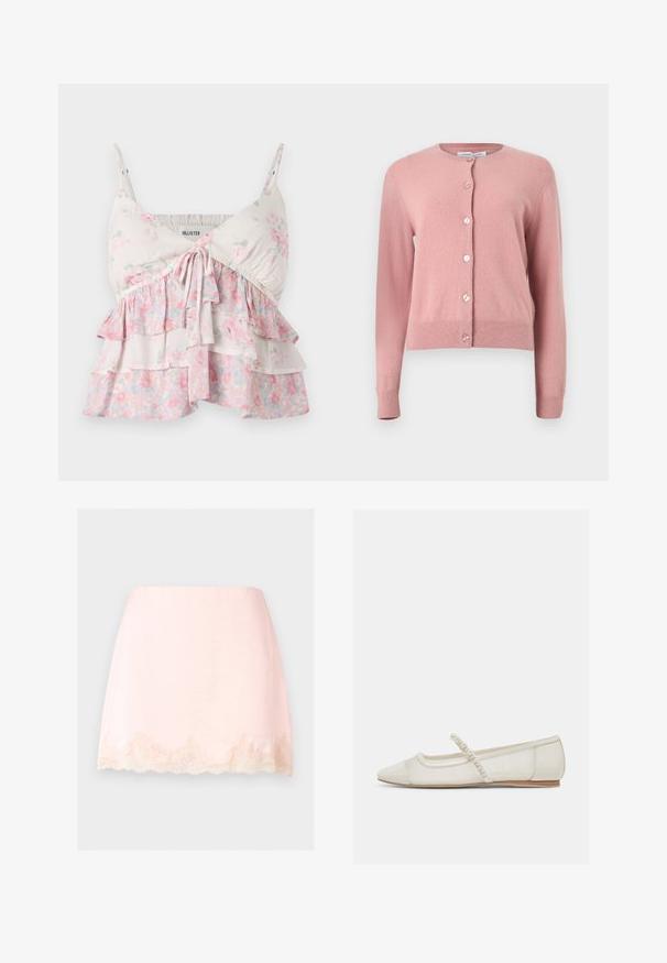 Blød lyserød langærmet cardigan med rund halsudskæring, ribstrikkede manchetter og kant samt forstykke med seks perle-lignende knapper.; Blomster camisole-top med justerbare stropper, med lagdelte flæser i hvide, lyserøde og grønne nuancer; let, blødt bomuldsstof.; Lyserød mininederdel med bølget blondekant ved kanten, glat stof og rent, enkelt design mod en ensfarvet baggrund.; Off-white flad sko med spids tå, perlebesat rem og lav træhæl, sidevisning på lys baggrund.