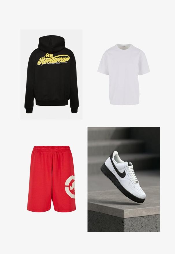 Sudadera negra con capucha con texto "99 Rawwear" en amarillo y blanco impreso en la parte superior de la espalda.; Camiseta blanca de manga corta hecha de algodón suave, con un cuello redondo y un corte relajado con dobladillo recto. Sin patrones ni acentos visibles.; Pantalones cortos de algodón rojos con una cinturilla elástica, que presentan un gran diseño gráfico blanco en la pierna izquierda y una textura suave.; Zapatilla deportiva de cuero blanco con detalles en negro, punta redondeada y detalles perforados. Suela de goma negra con patrón texturizado y cierre de cordones.