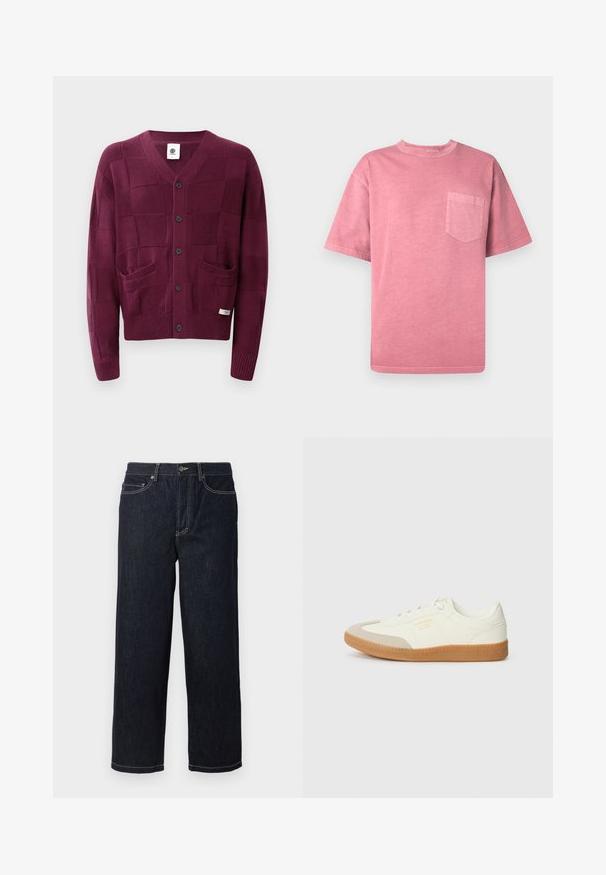 Bordeaux gebreide cardigan met een V-hals, voorknopen en twee voorzakken. Heeft textuur vierkanten en geribbelde manchetten en zoom.; Roze katoenen T-shirt met korte mouwen, ronde halslijn en een borstzakje aan de linkerkant. Heeft een vervaagde textuur en een ontspannen pasvorm.; Donkerblauwe rechte denim jeans met vijf zakken en witte contraststiksels, knoopsluiting en riemlussen.; Schoen gemaakt van wit leer met een beige teenkap en een lichtbruine rubberen zool. Voorzien van platte witte veters en reliëfbranding aan de zijkant.