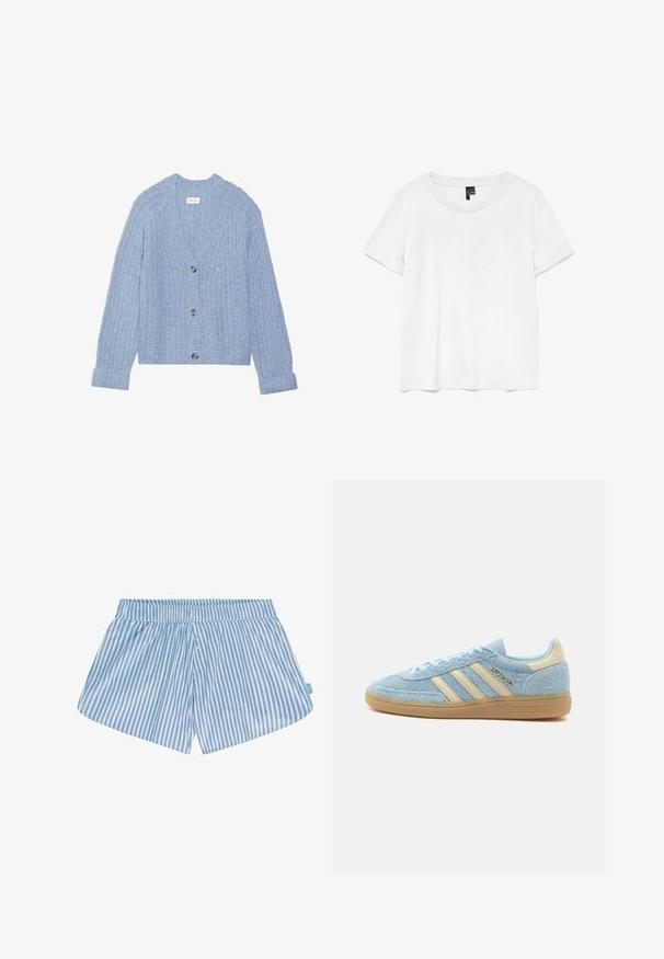 Gilet tricoté bleu clair avec un décolleté en V, des manches longues et cinq boutons gris au centre. Matière côtelée texturée.; T-shirt blanc à manches courtes avec un col rond, fabriqué en tissu léger. Design simple, texture lisse et ourlet droit.; Shorts rayés bleu et blanc avec une taille élastique, deux boutons sur le devant et une coupe décontractée. Le tissu semble lisse avec une texture légère.; Baskets Adidas en daim bleu clair avec des bandes beiges et un empiècement au talon, semelle en gomme et marquage "SPEZIAL" sur le côté.