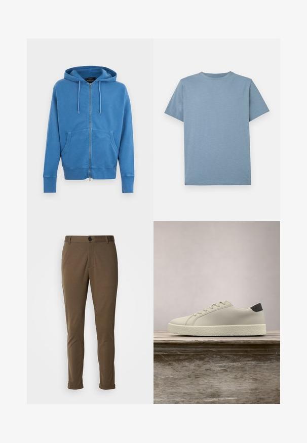 Blauer Kapuzenpullover mit Reißverschluss, Kordelzugkapuze und vorderen Kängurutaschen, langen Ärmeln sowie gerippten Bündchen und Saum.; Hellblaues T-Shirt mit kurzen Ärmeln und Rundhalsausschnitt, einfarbig, flach auf weißem Hintergrund präsentiert.; Braune, maßgeschneiderte Hose mit glatter Textur, ausgestattet mit einem Knopfverschluss und aufgerollten Säumen. Entworfen mit einer schlanken Passform und funktionalen Taschen.; Weißer Sneaker mit strukturierter Sohle und schwarzem Absatzdetail, schwebend über einer Holzbank mit hohem grünem Gras im Hintergrund.