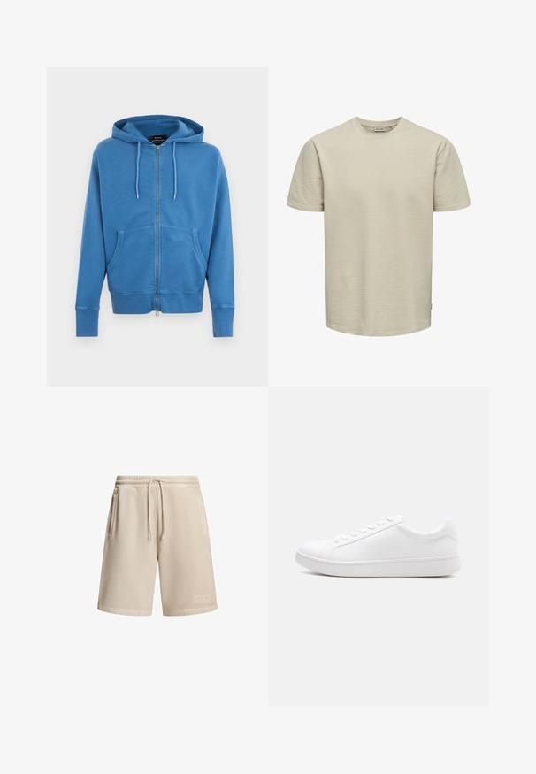 Blauwe capuchontrui met ritssluiting, verstelbare capuchon met trekkoord, voorzakken in kangoeroestijl, lange mouwen en geribbelde boorden bij de mouwen en onderaan.; Effen beige T-shirt met korte mouwen, een gestructureerd, wafelachtig patroon, ronde hals en een relaxed model, getoond op een witte achtergrond.; Beige shorts van een katoenmix met een elastische tailleband en trekkoord, voorzien van twee zijzakken en een klein logo-op-patch op de zoom.; Witte lage sneaker met veterluiting, glad leren bovenwerk en dikke rubberen zool, zijaanzicht op een effen achtergrond.