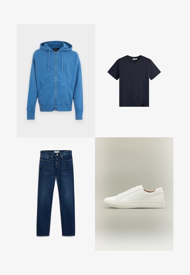 Blauwe capuchontrui met ritssluiting, verstelbare capuchon met trekkoord, voorzakken in kangoeroestijl, lange mouwen en geribbelde boorden bij de mouwen en onderaan.; Effen zwarte T-shirt met korte mouwen, ronde hals, een rechte zoom en een klein merkembleem aan de binnenkant van de achterkant van de kraag.; Donkerblauwe denim jeans met een rechte snit, vijf zakken en contrasterende stiksels. Voorzien van een knoopsluiting en rits.; Witte lage sneaker met vetersluiting en platte zool, zijwaarts weergegeven op een neutrale achtergrond.