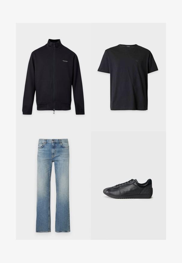 Sort ribbet lynlåsjakke med stående krave og lange ærmer, med lille hvid Armani Exchange-logo på venstre bryst.; Sort kortærmet t-shirt med rund halsudskæring og lille diskret logo på venstre bryst mod en ensartet lys baggrund.; Lyseblå cowboybukser med lige ben, med en falmet finish, klassisk femlommen-design og kontrastfarvet syning.; Sorte lædersneakers med et tekstureret stofpanel, rund tåform, snørefront og en gummisål med zigzag-mønster.