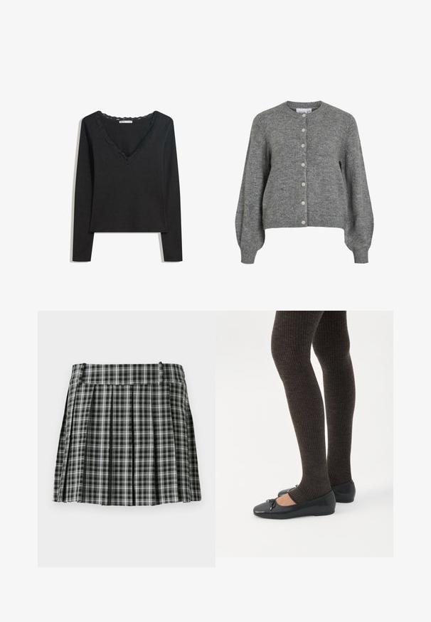 Grijze gebreide cardigan met ronde hals, lange puffmouwen, geribde manchetten en zoom, en een voor sluiting met zeven witte knopen.; Zwarte lange mouwen top van zachte stof. Heeft een diepe V-hals met een golvende kantafwerking en een aansluitende silhoeet. Geen zichtbare patronen.; Zwart-wit geruite geplisseerde rok met een gladde tailleband en meerdere verticale plooien. Gemaakt van lichte stof.; Benen met donkere geribbelde leggings gecombineerd met zwarte ballerina's met kleine strikdetails op een witte achtergrond.