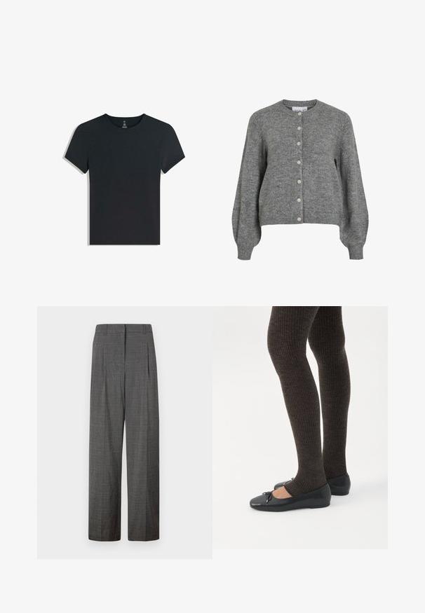 Grijze gebreide cardigan met ronde hals, lange puffmouwen, geribde manchetten en zoom, en een voor sluiting met zeven witte knopen.; Zwarte katoenen t-shirt met korte mouwen, ronde halslijn en een zachte, gladde textuur. Eenvoudig ontwerp, geen patronen of zichtbare hardware.; Vero Moda VMSIKITA WIDE DAD PANT - Broek - medium grey/black; Benen met donkere geribbelde leggings gecombineerd met zwarte ballerina's met kleine strikdetails op een witte achtergrond.
