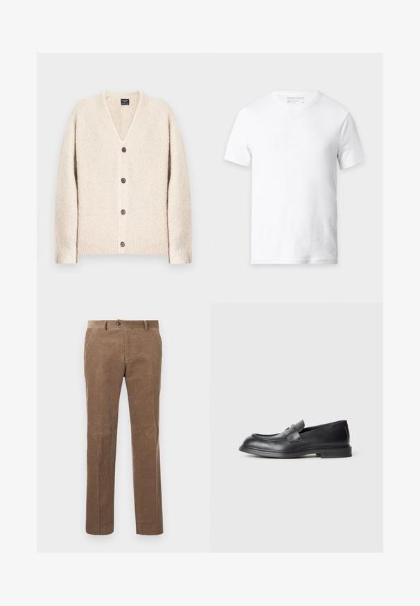 Beige gebreid vest met een V-hals, vijf bruine knopen aan de voorkant, geribbelde manchetten en een gestructureerde, zachte stof.; Effen wit katoenen T-shirt met korte mouwen, geribbelde structuur en ronde hals, getoond op een lichtgrijze achtergrond.; Bruine corduroy broek met verticale ribbelstructuur, recht model, enkele knoopsluiting en twee voorzakken.; Zwarte leren loafers met een gestructureerde afwerking, voorzien van een decoratieve voorstrik en een afgeronde neus. Rubberzool voor duurzaamheid.
