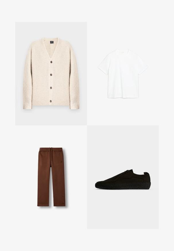 Beige gebreid vest met een V-hals, vijf bruine knopen aan de voorkant, geribbelde manchetten en een gestructureerde, zachte stof.; Witte katoenen t-shirt met korte mouwen, ronde hals, rechte snit. Gladde textuur, geen zichtbare patronen of accenten. Eenvoudig en minimalistisch ontwerp.; Bruine casual joggingbroek met een elastische tailleband en koord, met zijzakken en een klein geborduurd logo op de linkerheup.; Enkele zwarte casual schoen met dikke getextureerde zool, vetersluiting aan de voorkant en subtiele stiksels aan de zijkant, weergegeven in profiel op een effen achtergrond.