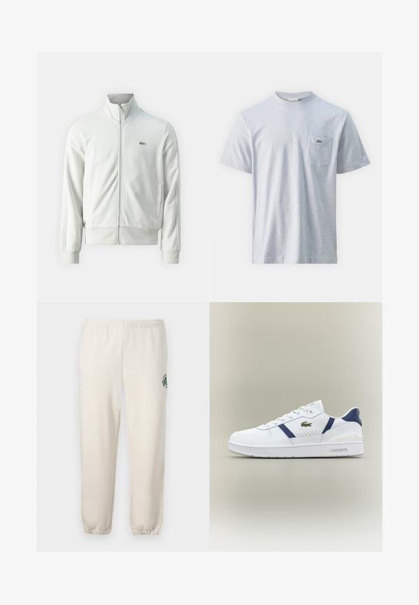 Lacoste Sweater met rits - stone; Grijze katoenen t-shirt met korte mouwen, ronde hals en een linkerborstzak met een klein groen logo. Soepele textuur, casual pasvorm.; Lichtbeige sweatpants van katoen, met een elastische tailleband, geribde boorden en een groen logo met een bladerenontwerp op het linkerpand.; Witte Lacoste sneaker met marineblauwe accenten, groen krokodillenlogo, vetersluiting en merkschoen op een neutrale achtergrond.