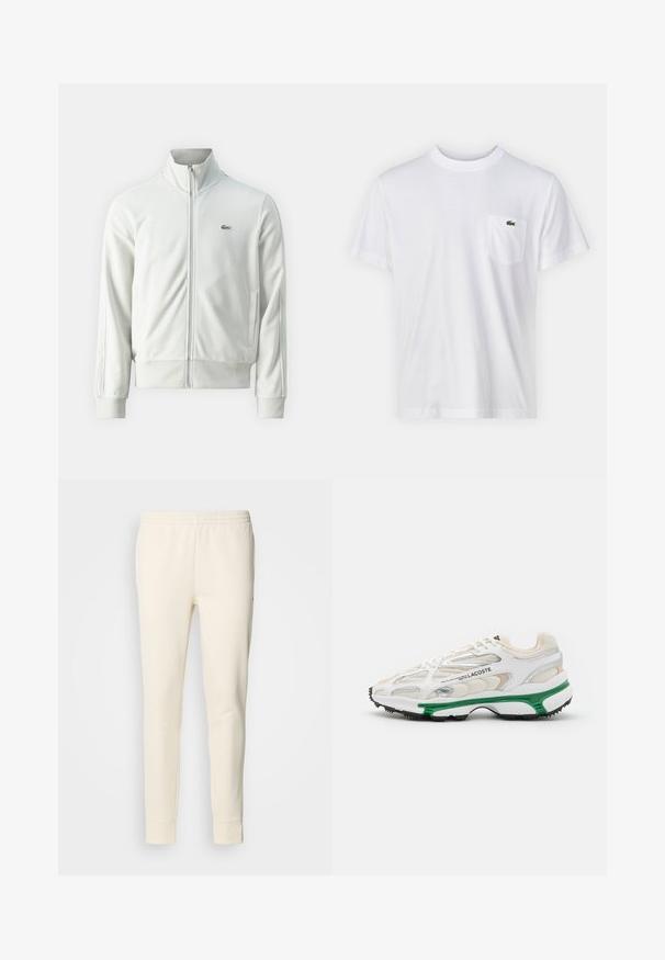 Lacoste Sweat zippé - stone; T-shirt en coton blanc avec un col rond et des manches courtes. Il présente une poche sur la poitrine gauche et un petit logo Lacoste vert.; Pantalons de survêtement couleur crème en tissu doux, avec une taille élastique, des jambes fuselées et des chevilles resserrées. Design simple sans motifs.; Sneaker blanc avec accents verts et semelle en caoutchouc noir. Comprend des panneaux en mesh et en synthétique, avec une finition texturée et des coutures visibles.