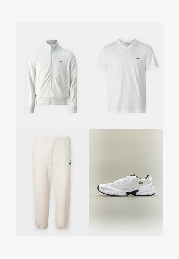 Lacoste Mikina so zipsom - stone; Biele bavlnené tričko s výstrihom do V, krátkymi rukávmi a malým zeleným krokodílím logom na ľavej hrudi. Jednoduchý a ľahký dizajn.; Svetlo béžové tepláky z bavlny s elastickým pásom, rebrovanými manžetami a zeleným logom s dizajnom listu na ľavej nohe.; Biele atletické tenisky s textúrovaným sieťovinovým zvrškom, zakriveným dizajnom a kontrastnou čiernou podrážkou. S greennou vyšívanou nášivkou na boku.