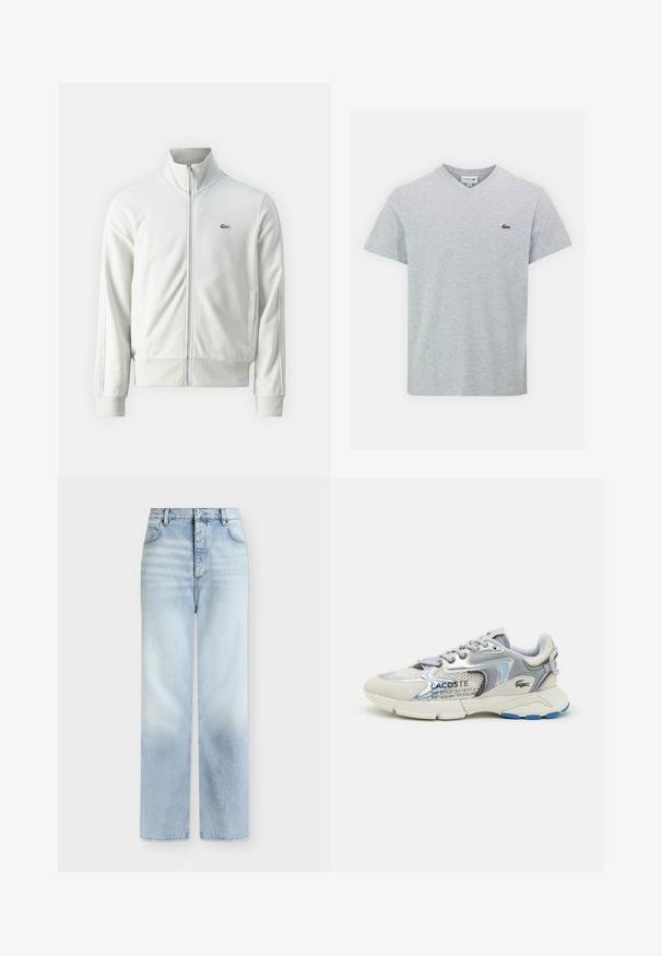 Lacoste Sweat zippé - stone; T-shirt gris en V fabriqué dans un matériau doux. Il a des manches courtes et un petit logo Lacoste vert sur la poitrine gauche. Design simple.; Jeans bleu clair taille haute à jambes droites, avec poches avant, passants de ceinture et fermeture par bouton.; Baskets Lacoste avec un mélange de daim gris et de mesh, avec un accent bleu, des détails texturés et une semelle blanche. Comprend un texte de marque sur le côté.