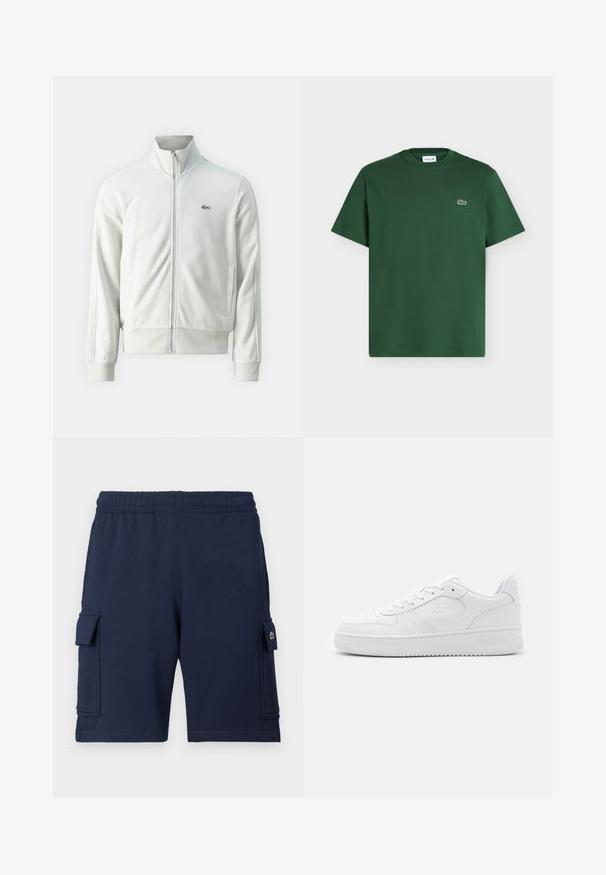 Lacoste Φούτερ με φερμουάρ - stone; Σκούρο πράσινο βαμβακερό κοντομάνικο μπλουζάκι με στρογγυλή λαιμόκοψη και μικρό λογότυπο κροκοδείλου Lacoste στο αριστερό στήθος.; Μπλε ναυτικό cargo σορτς από απαλό ύφασμα, με ελαστική μέση, δύο πλαϊνές τσέπες και ένα μικρό λογότυπο στην αριστερή τσέπη.; Λευκά δερμάτινα αθλητικά παπούτσια με τρυπητό μπροστινό μέρος, επίπεδα κορδόνια και επενδυμένο κολάρο. Διαθέτει ανάγλυφο λογότυπο στο πλάι και υφή καουτσούκ στη σόλα.