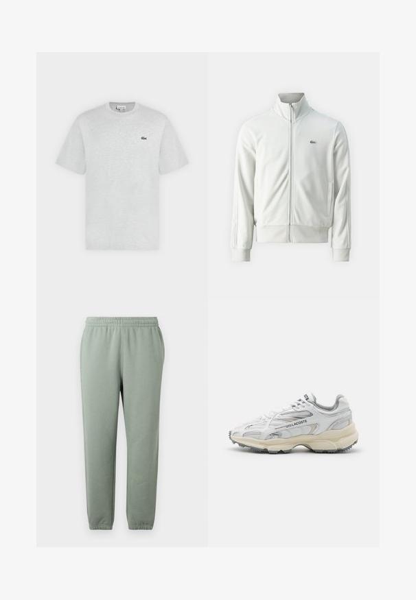 Lacoste Sweater met rits - stone; Lichtgrijs T-shirt met korte mouwen en ronde hals met klein groen Lacoste krokodillenlogo op de linkerborst.; Lichtgroene sweatpants met een elastische tailleband, taps toelopende pijpen en opgerolde enkelboorden. Gemaakt van zachte, lichte stof.; Witte sportieve schoenen met grijze accenten, bovenwerk van mesh en synthetisch materiaal, vetersluiting en een geprofileerde rubberen zool met looppatronen.