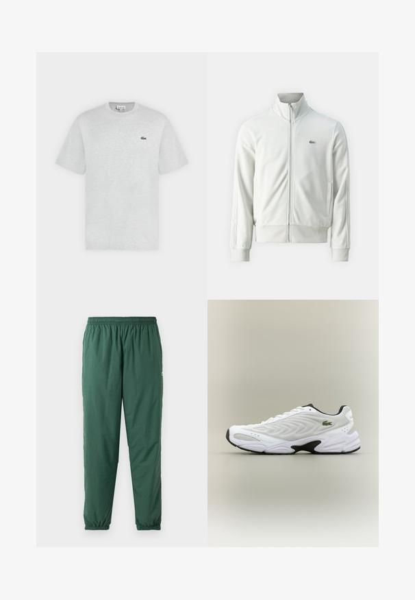 Lacoste Mikina so zipsom - stone; Svetlošedé tričko s krátkym rukávom a okrúhlym výstrihom s malým zeleným logom krokodíla Lacoste na ľavej strane hrudníka.; Zelené, ľahké, elastické nohavice so sťahovacím pásom a manžetami, vyrobené z hladkého, vodoodpudivého materiálu.; Biele atletické tenisky s textúrovaným sieťovinovým zvrškom, zakriveným dizajnom a kontrastnou čiernou podrážkou. S greennou vyšívanou nášivkou na boku.