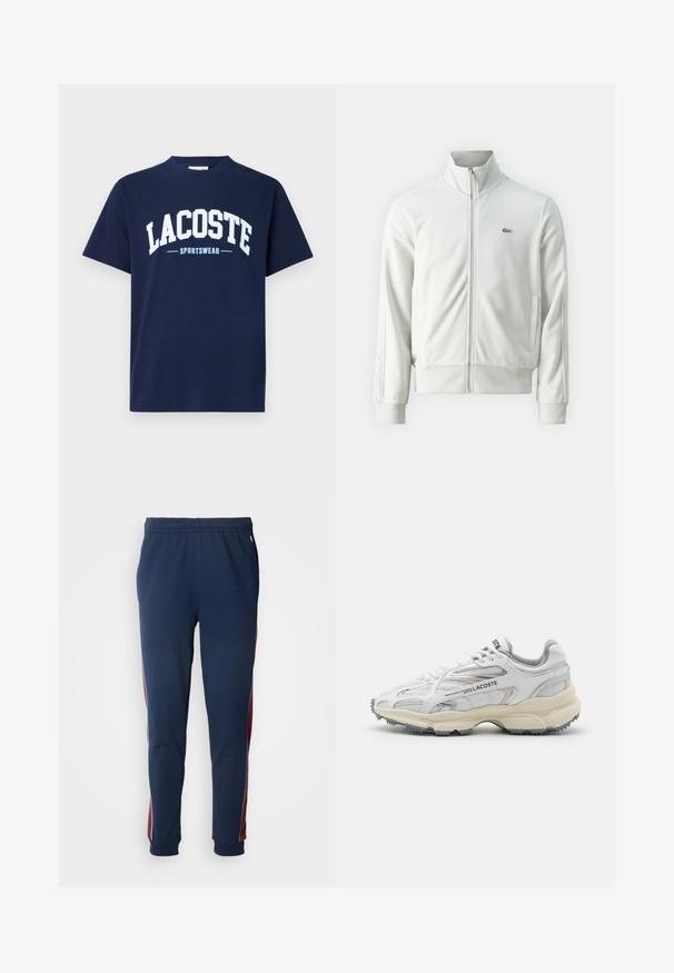 Lacoste Mikina so zipsom - stone; Tmavomodré bavlnené tričko s okrúhlym výstrihom a krátkymi rukávmi. Obsahuje veľký biely nápis "LACOSTE" a "SPORTSWEAR" v svetlomodrej farbe nižšie.; Námornícke teplákové nohavice s elastickým pásom, s červenými bočnými pruhmi a bielymi akcentmi. Hladká tkanina s zúženými manžetami na členkoch.; Biele športové topánky s šedými akcentmi, sieťovinovou a syntetickou vrchnou časťou, viazanie na šnúrky a texturovanou gumovou podrážkou s protišmykovými vzormi.