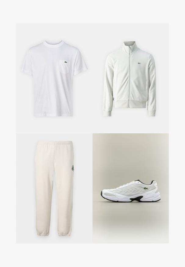 Lacoste Sweatjacke - stone; Weißes Baumwoll-T-Shirt mit Rundhalsausschnitt und kurzen Ärmeln. Verfügt über eine linke Brusttasche und ein kleines grünes Lacoste-Logo.; Helle beige Sweatpants aus Baumwolle mit einem elastischen Bund, gerippten Bündchen und einem grünen Logo mit Blattdesign am linken Bein.; Weißer Sportschuh mit strukturiertem Mesh-Obermaterial, geschwungenem Design und kontrastierender schwarzer Laufsohle. Mit grünem gesticktem Logo an der Seite.