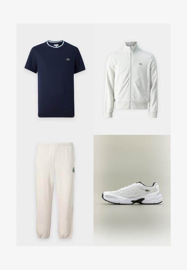 Lacoste Lukuga pusa - stone; Tumed sinine puuvillane T-särk, millel on helesinine soonikline kaelus. Rinnal on väike roheline krokodillilogo. Lühikeste varrukatega disain.; Heledadbežased püksid, mis on valmistatud puuvillast, varustatud elastse vöökohtaga, soonikute lõpetustega ja vasakul jalal on roheline logo lehe kujundusega.; Valge sportlik king, millel on tekstureeritud võrgu pealisosa, kaardus disain ja kontrastne must tall. Külje peal on roheline tikandiga logo.