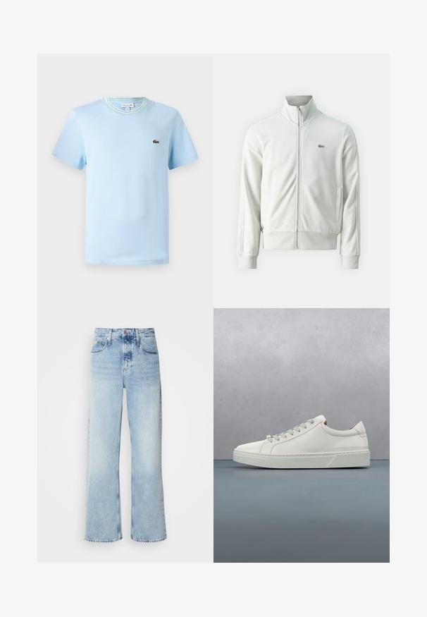 Lacoste Sweatjakke - stone; Lys blå bomulds-T-shirt med korte ærmer, en rund hals med en grøn og hvid stribet kant, og et lille broderet logo på brystet.; Lysblå vide jeans med høj talje, der har en falmet finish, bæltestropper og klassisk fem-lomme design. Kantene er rå.; Hvid lædersneaker med rund tå, minimalistisk design, grå snørebånd og en tekstureret grå gummisål. Subtile syningsdetaljer er synlige.