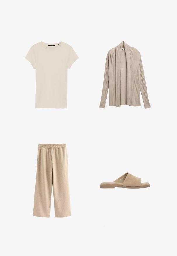 Beige geribbelde cardigan met een open voorkant en lange mouwen, gemaakt van een zachte stof, met verticale ribbelstructuur over het geheel.; Korte mouwen, ivoorkleurig ribbel t-shirt. Ronde hals, zachte textuur, getailleerd ontwerp, en een subtiel merkje bij de halslijn.; Beige wijde broek gemaakt van zachte stof, met een elastische tailleband met een trekkoord en een subtiele gespikkelde textuur.; Beige suède open-toe platte slipper met brede band en gevoerde binnenzool, afgebeeld op een witte achtergrond.