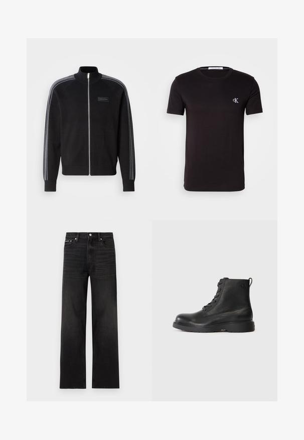 Veste noire à fermeture éclair avec un col haut, accents rayés gris sur les manches, et une étiquette frontale. Fabriquée à partir d'un tissu lisse.; T-shirt noir à manches courtes col rond avec petit logo blanc "cK" sur la poitrine gauche et étiquette Calvin Klein Jeans à l'intérieur du col.; Jean noir droit avec cinq poches, passants pour ceinture et fermeture par bouton, présenté sur un fond blanc.; Bottine noire en cuir texturé avec un bout rond, un design à lacets, et une solide semelle en caoutchouc noir. Elle est dotée d'une boucle au talon.