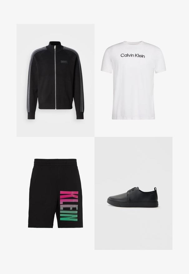 Veste noire à fermeture éclair avec un col haut, accents rayés gris sur les manches, et une étiquette frontale. Fabriquée à partir d'un tissu lisse.; T-shirt blanc à manches courtes et col rond avec le texte noir "Calvin Klein" centré sur la poitrine.; Short noir avec taille élastique et grand texte vertical "KLEIN" sur une jambe en dégradé rose, gris et vert.; Baskets en cuir noir avec une finition lisse, bout arrondi, coutures ton sur ton, devant à lacets et semelle plate en caoutchouc. Anse au talon.