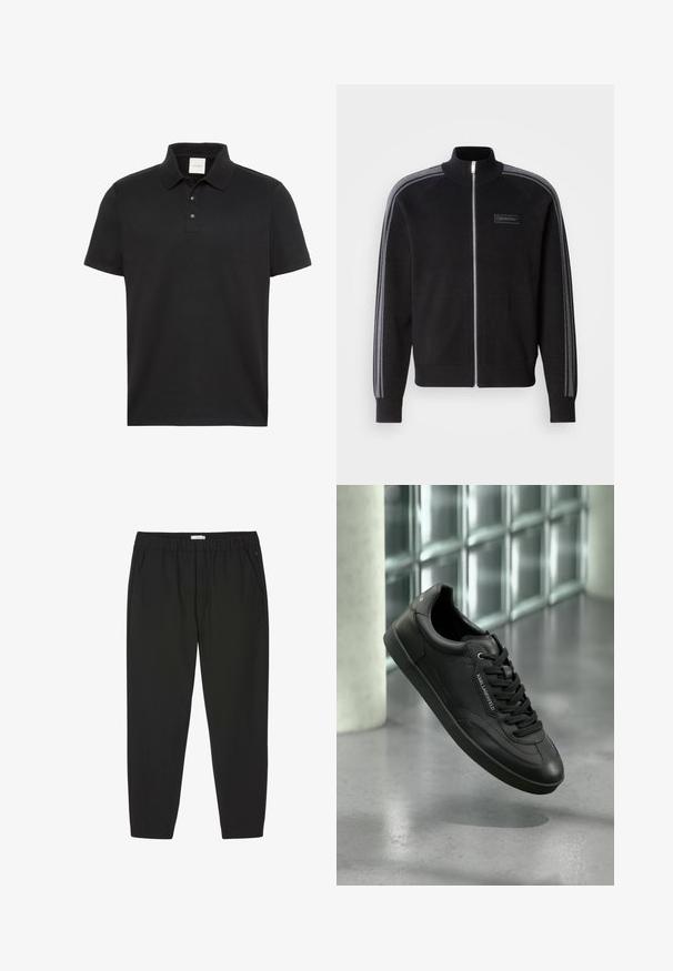 Veste noire à fermeture éclair avec un col haut, accents rayés gris sur les manches, et une étiquette frontale. Fabriquée à partir d'un tissu lisse.; Polo noir à manches courtes avec col et trois boutons, arborant un discret logo Calvin Klein sur la poitrine.; Pantalon noir avec taille élastique, jambes droites et poches latérales, conçu pour un usage décontracté ou professionnel.; Basket en cuir noir avec une finition texturée, lacets plats, bout arrondi et semelle en caoutchouc. Détail logo sur le côté.