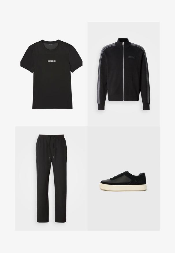 Zwarte jas met ritssluiting en hoge kraag, grijze gestreepte accenten op de mouwen en een label aan de voorkant. Gemaakt van een gladde stoftextuur.; Zwart sportief T-shirt met korte mouwen, met een mesh gedeelte op de bovenborst en schouders, met het logo "Calvin Klein" centraal op de voorkant.; Zwarte joggingbroeken van lichtgewicht stof, met een elastische tailleband en verstelbare trekkoorden, evenals zijzakken. Soepele textuur.; Zwarte sneaker met een combinatie van leer en suede, ronde neus, tonale veters en een stevige witte rubberen zool. Subtiele merklachting aan de zijkant.
