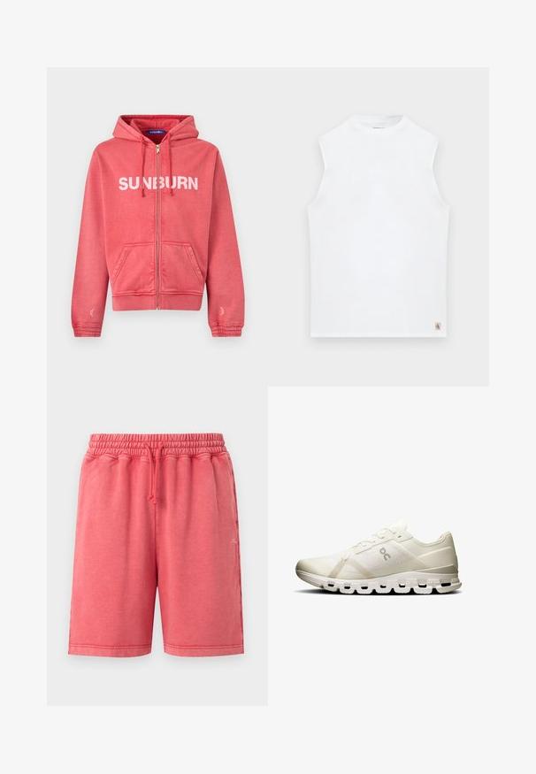 Sweat à capuche zippé couleur corail avec poches avant, capuche avec cordon, poignets élastiques et texte blanc "SUNBURN" sur la poitrine.; Haut blanc sans manches avec col rond, avec une petite étiquette logo Calvin Klein en bas à droite de l'ourlet.; Shorts décontractés rose corail avec taille élastique et cordon ajustable, deux poches latérales et petit logo blanc sur la jambe droite.; Baskets de sport blanches avec un dessus en mesh respirant, au design minimaliste, dotées d'une semelle rembourrée avec des découpes allongées pour un meilleur soutien.