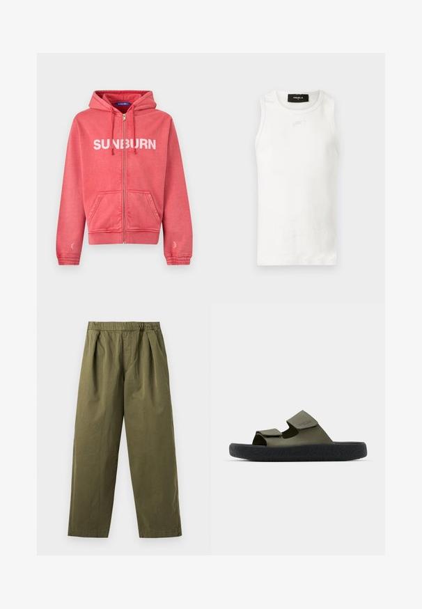 Koralfarvet pink hættetrøje med lynlås, forlommer, snøre på hætten, elastiske manchetter og hvid "SUNBURN"-tekst på brystet.; Hvid ærmeløs tanktop med rund hals og et lille sliddet detalje under halsudskæringen.; Olivengrønne bukser med vidde ben, elastisk talje og forreste læg, vist mod en lys baggrund.; Grønne gummisandaler med to justerbare remme og en tekstureret sort sål med et dækmønster. Brandlogo synligt på remmen.