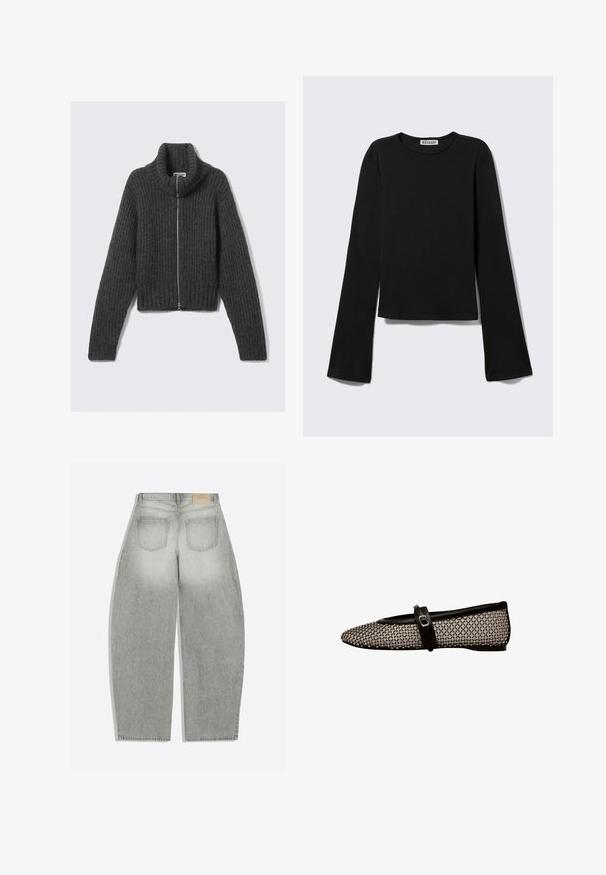 Pull en maille épaisse gris foncé avec zip, col haut et manches longues, posé à plat sur un fond clair.; T-shirt noir à manches longues avec col rond, silhouette ajustée et manches légèrement évasées, étiqueté avec la marque "Weekday" au niveau de l'encolure.; Jean gris clair taille haute à jambes larges avec deux poches arrière et passants pour ceinture, vu de dos sur fond blanc uni.; Chaussure plate noire et blanche en tissu mesh avec un design à motifs, bout arrondi, et une sangle noire sur le cou-de-pied avec une boucle en métal.