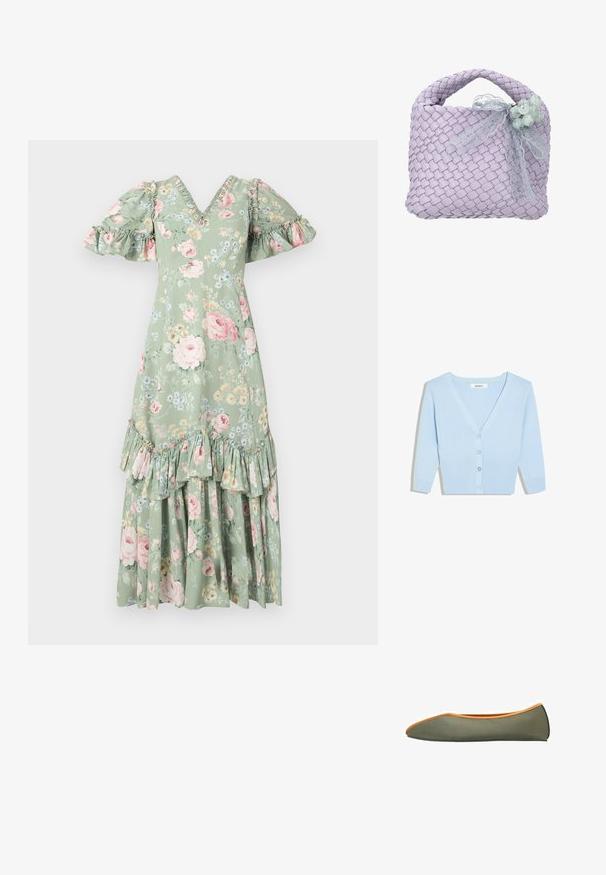 Lichtblauw cropped vest met lange mouwen, V-hals, geribde zoom en vier knopen aan de voorkant.; Floral maxi-jurk in zacht groen met een V-hals, pofmouwen, ruches en een gelaagde zoom. Bevat roze rozen en kleine blauwe bloemen.; Groene platte schoen met een gestroomlijnd ontwerp, oranje rand en een zachte textuur. Heeft een afgeronde neus en een flexibele zool.; Lavendelkleurige geweven handtas met gevlochten handvat, versierd met een doorschijnend kanten lint en een cluster van lichtgroene kralen.
