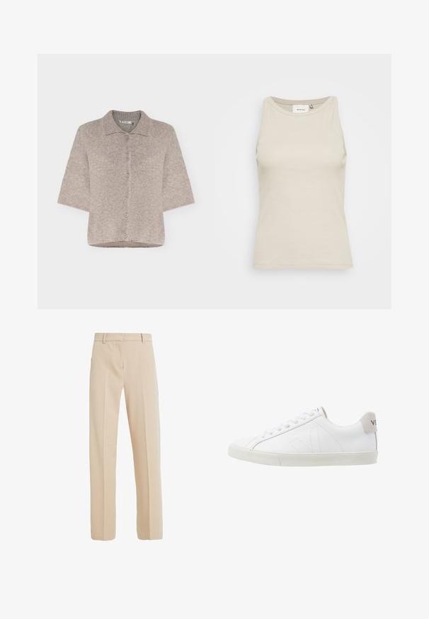 Beige kortærmet cardigan med knapper, med en blød, pudset tekstur og en flad krave, vist på en ensfarvet baggrund.; Lys beige tank top lavet af ribbestrikket stof med en rund halsudskæring og ærmeløs design. Har en diskret mærkeetiket indeni.; Beige skræddersyede bukser lavet af glat stof, med lige ben, sidelommer og folder nedad foran.; Hvide lædersneakers med en struktureret off-white gummi sål. Funktioner inkluderer snørebånd, diskrete sømme og en grå ruskindsdetalje ved hælen.