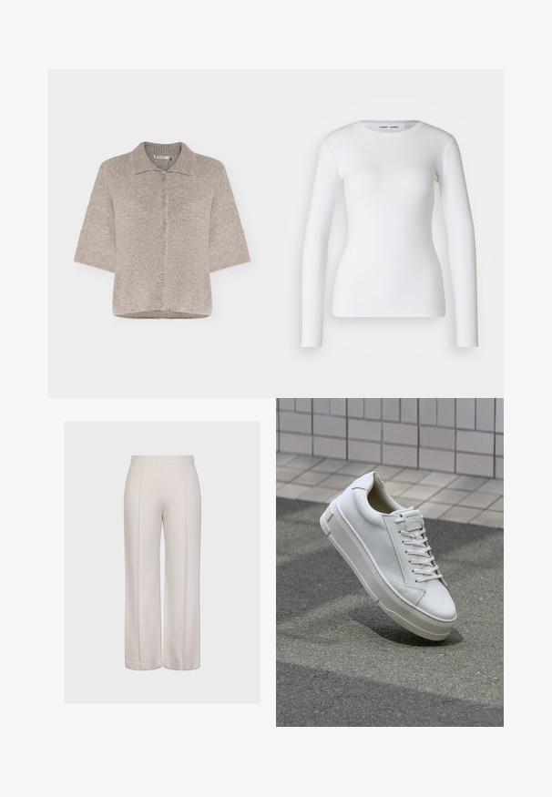 Beige kortærmet cardigan med knapper, med en blød, pudset tekstur og en flad krave, vist på en ensfarvet baggrund.; Hvid langærmet skjorte lavet af ribbet stof, med runde udskæring og tætsiddende pasform. Ingen mønstre eller accenter er til stede.; Videbenede bukser i lys beige stof med en glat tekstur. Har to lodrette sømme og en ensartet, ren skæring ved kanten.; Hvide lædersneakers med lavt design, flade snører, rund tå og strukturerede sider. Tyk gummisål med diskrete detaljer.