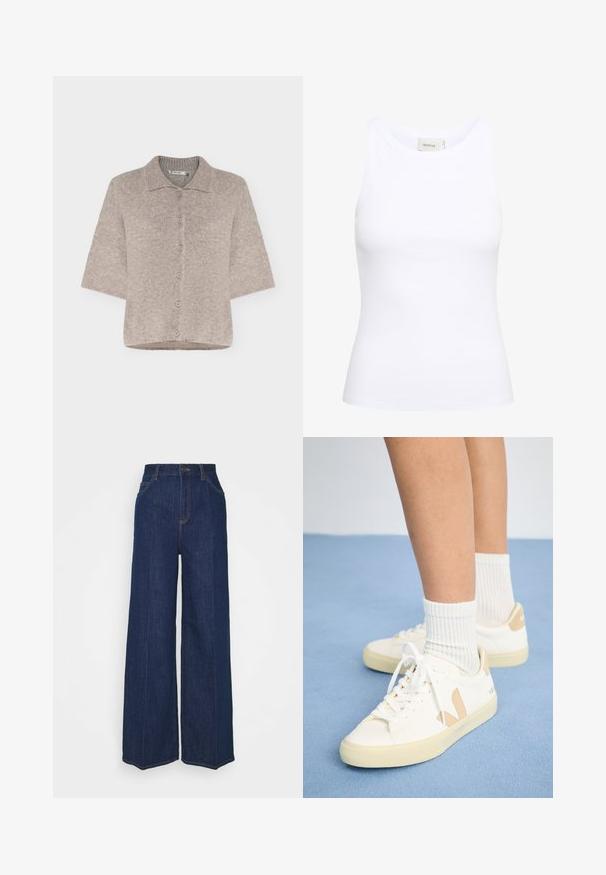 Cardigan beige à manches courtes avec boutons, texture douce et duveteuse et col plat, présenté sur fond uni.; Débardeur blanc côtelé avec un col rond et sans manches. Tissu extensible et design ajusté. Étiquette au dos indiquant "GESTUZ."; Jean en denim bleu foncé à taille haute et jambes larges, avec poches avant et arrière, fermeture à bouton et coutures visibles.; Baskets blanches avec des accents beige, bout rond et lacets blancs. Portées avec des chaussettes blanches côtelées, sur un fond bleu clair.