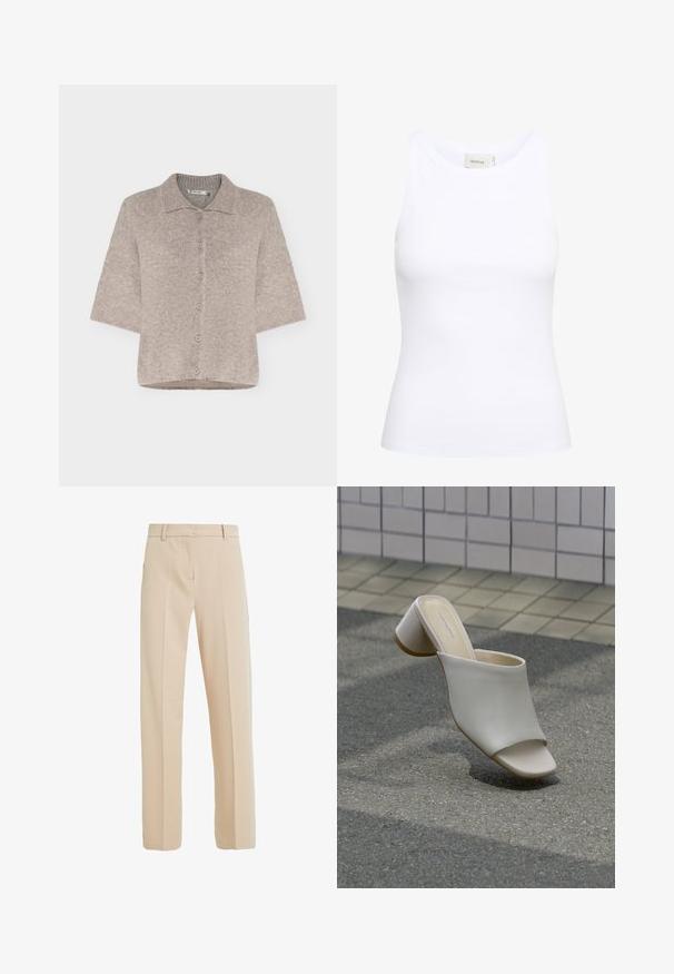 Beiger kurzärmeliger Button-up-Cardigan mit weicher, flauschiger Textur und flachem Kragen, auf einfachem Hintergrund dargestellt.; Weißes, geripptes Tanktop mit Rundhalsausschnitt und ohne Ärmel. Elastisches Material und figurbetontes Design. Das Etikett auf der Rückseite trägt die Aufschrift "GESTUZ."; Beige maßgeschneiderte Hose aus glattem Stoff, mit geradem Beinanschnitt, seitlichen Taschen und Bügelfalten auf der Vorderseite.; Ein weißer offener Mule mit Blockabsatz auf gepflastertem Boden nahe einer gefliesten Wand, schräg gestellt, um Seiten- und Draufsicht zu zeigen.