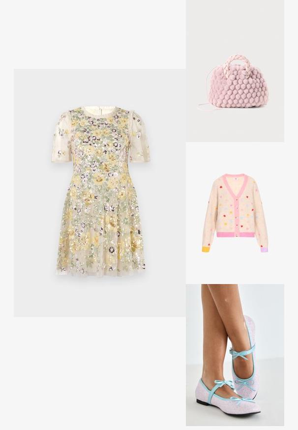 Cárdigan beige con patrones de corazones multicolores, con ribete rosa y cinco botones. Textura suave con puños acanalados en amarillo y lila.; Needle & Thread ELINA ROSE SHORT SLEEVE MINI DRESS - Vestido de fiesta - cream; Zapatos de bailarina con un exterior de purpurina rosa, ribete y acentos de cuero azul, que cuentan con lazos en correas ajustables y un pequeño tacón negro.; Bolso de mano texturizado en forma de pom-pom rosa con un asa trenzada y una correa delgada. Forma redonda, superficie suave, diseño compacto.