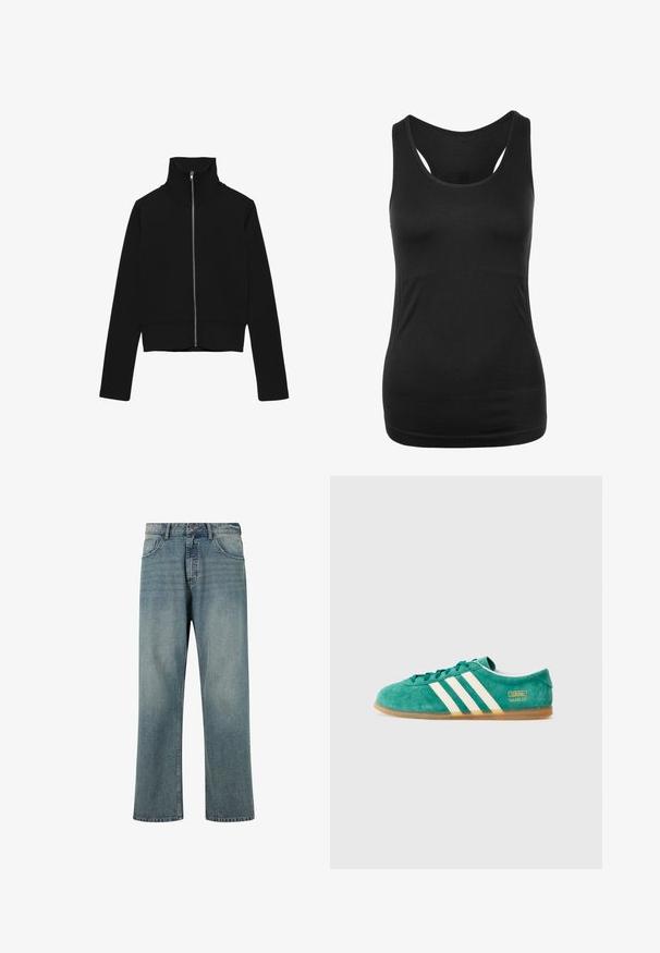 Musta pitkähihaisen lyhyt takki, jossa on korkea kaulus ja kokopitkä hopeanvärinen etuvetoketju valkoisella taustalla.; Musta tank-top, joka on valmistettu sileästä kankaasta. Tässä mallissa on klassinen pyöreä pääntie ja urheilumallinen selkäosa, jossa on kontrastiväriset sivupaneelit.; Vaaleansiniset farkut suoran leikkauksen, viiden taskun muotoilun, kontrastivärisen ompelun ja klassisen vyötärön kanssa, jossa on nappisulku.; Vihreät mokkakengät, joissa on kolme valkoista raitaa, kumipohja ja kultainen "Gazelle"-logo sivulla. Matala malli, jossa on nauhakiristys.