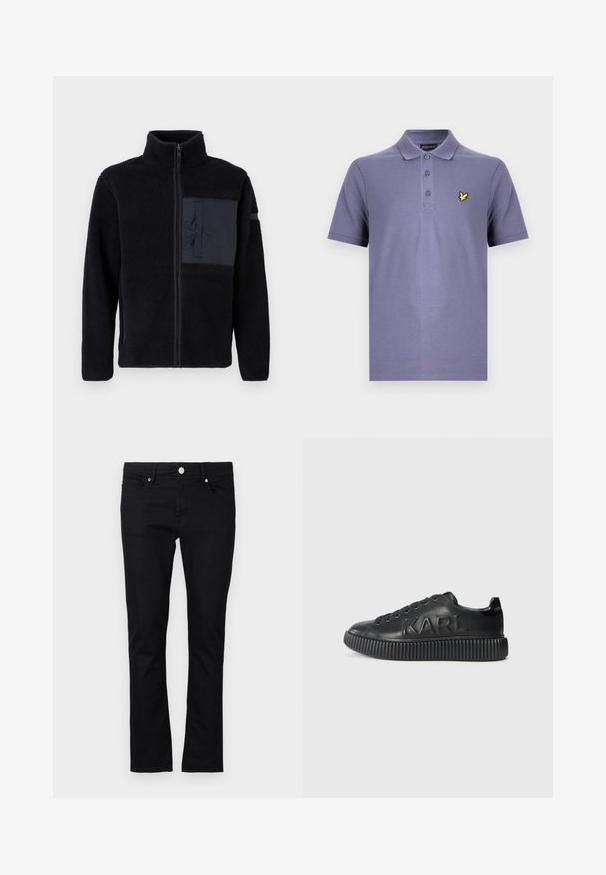 Zwarte fleecejas met een opstaande kraag, ritssluiting aan de voorkant en een borstzak aan de linkerkant in glad materiaal. Geweven stof met een zachte oppervlakte.; Paarse poloshirt met een knoopsluiting met drie knopen, korte mouwen en een klein geel vogel-logo op de linkerborst. Gemaakt van een katoenblend.; Zwarte denim jeans met een slim fit, rechte pijpen, vijf-pocket stijl en metalen knoopsluiting, met minimale stikseldetails.; Zwarte sneaker van glad leer, met een dikke ribbelzool en het merknaam in reliëf. Klassiek vetersluiting ontwerp met ronde oogjes.