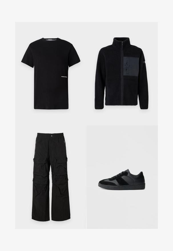 Veste en polaire noire avec col montant, fermeture éclair sur le devant et poche sur la poitrine gauche en matériau lisse. Tissu texturé avec surface douce.; T-shirt en coton noir avec un col rond et des manches courtes, arborant le logo "weekend offender" brodé en blanc sur le côté.; Pantalons cargo noirs avec une taille élastique, plusieurs grandes poches et des poches latérales zippées. Fabriqués en tissu léger et texturé.; Baskets noires combinant cuir lisse et daim, avec une semelle en caoutchouc noire texturée et un détail de rayures discrètes.