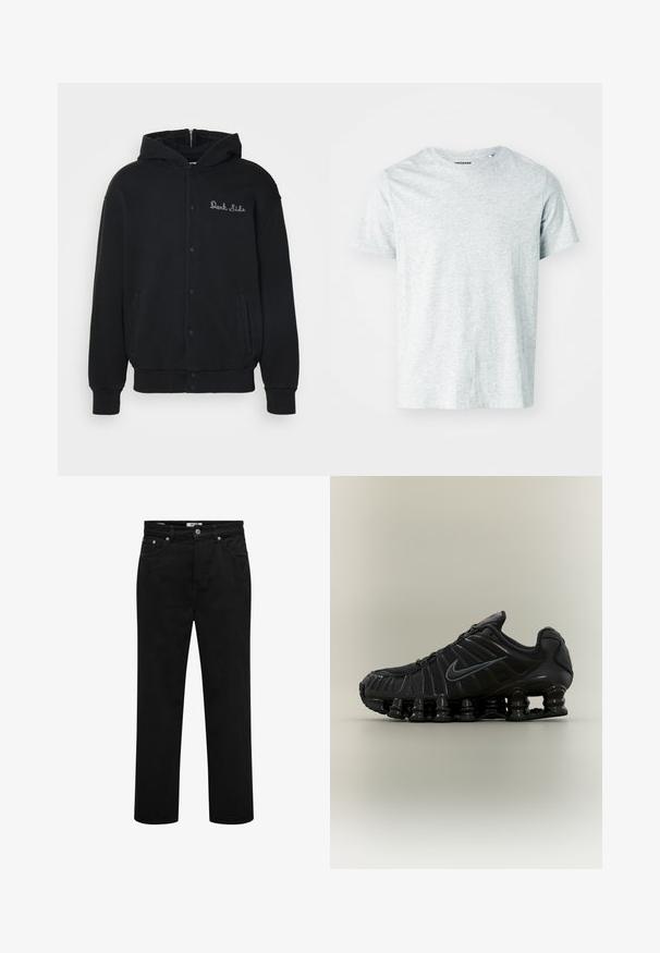 Haut à capuche noir en tissu doux, avec une fermeture à boutons-pression à l'avant et des poches latérales. Texte "Dark Side" brodé sur la poitrine.; T-shirt gris clair à manches courtes en tissu doux, avec un col rond et une coupe légèrement décontractée. Aucun motif ou graphique visible.; Jeans noirs à jambes droites avec poches avant, passants pour ceinture, fermeture par bouton et détails de coutures visibles.; Chaussure de course noire Nike avec semelle segmentée semblable à un ressort, dessus en mesh et logo Swoosh noir assorti sur le côté.