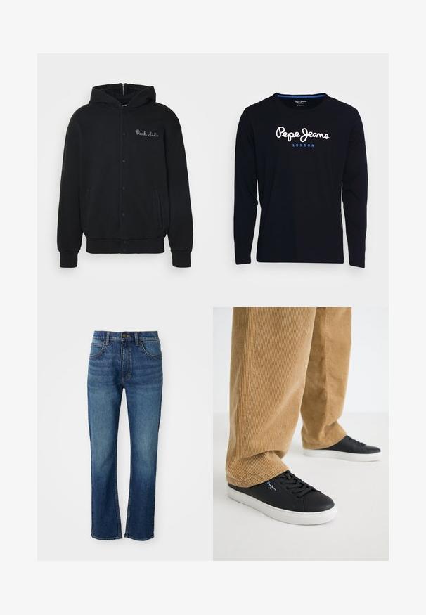 Haut à capuche noir en tissu doux, avec une fermeture à boutons-pression à l'avant et des poches latérales. Texte "Dark Side" brodé sur la poitrine.; T-shirt noir à manches longues en tissu de coton, avec le texte de logo blanc et bleu "Pepe Jeans London" centré sur la poitrine.; Jean en denim bleu avec un design à jambe droite, comportant cinq poches, une fermeture à boutons et des coutures jaunes contrastantes. Texture lisse.; Baskets en cuir noir avec des semelles en caoutchouc blanches. Portées avec un pantalon en velours côtelé beige à côtes verticales et à coupe décontractée.