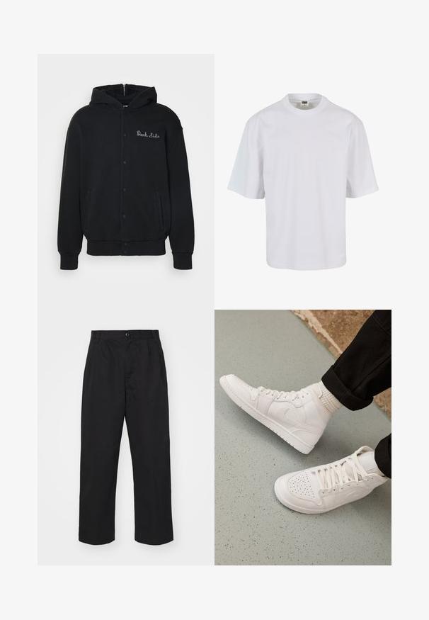 Sort hættejakke lavet af blødt stof, med trykknaplukning foran og sidelommer. Broderet "Dark Side" tekst på brystet.; Hvid, kortærmet t-shirt lavet af bomuld. Har rund halsudskæring og løs pasform med en glat tekstur og ingen synlige mønstre eller grafik.; Sorte bomuldsbukser med lige pasform, der har en knaplukning, to frontlommer og en glat tekstur.; Hvide høj-top sneakers lavet af glat læder med perforeret tå, snørelukning og subtil logo detaljer på siden. Tekstureret gummisål.