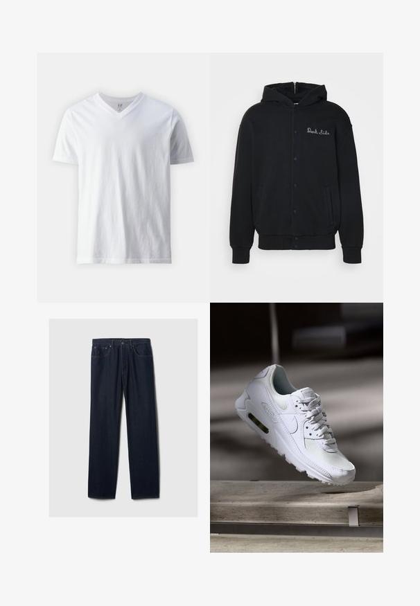 Schwarzer Hoodie aus weichem Material, mit einem Frontverschluss aus Druckknöpfen und Seitentaschen. Bestickter "Dark Side"-Text auf der Brust.; Kurzärmliges, V-Ausschnitt T-Shirt aus Baumwolle in Weiß. Hat ein einfaches Design mit glatter Textur und lockerer Passform.; Dunkelblaue gerade geschnittene Jeans aus Denim mit Fünf-Taschen-Design, Knopfverschluss und sichtbaren Nähten auf einem schlichten hellen Hintergrund.; Weiße Nike Air Max 90 Sneaker mit einem Obermaterial aus Mesh und Leder, durchlässigem Zehenbereich und einer sichtbaren Air-Einheit in der Ferse.