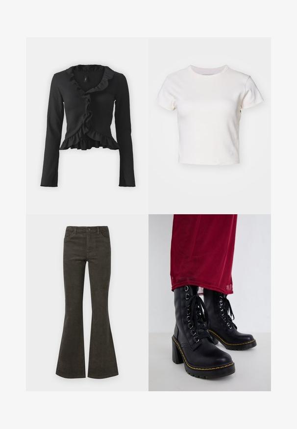 Haut noir à manches longues en tissu texturé, avec un devant volanté, un design enveloppant et un ourlet froncé. Simple et polyvalent.; Denim Project DPMDPWRIBBED CROPPED T-SHIRT - T-shirt basique - jet stream; Pantalons en velours côtelé évasés de couleur vert olive foncé, dotés d'une fermeture à bouton et zip, de cinq poches et d'une texture nervurée subtile.; Bottes noires en cuir jusqu'à la cheville avec un talon épais, présentant un design à lacets, des œillets en métal argenté, et des coutures jaunes le long de la semelle.